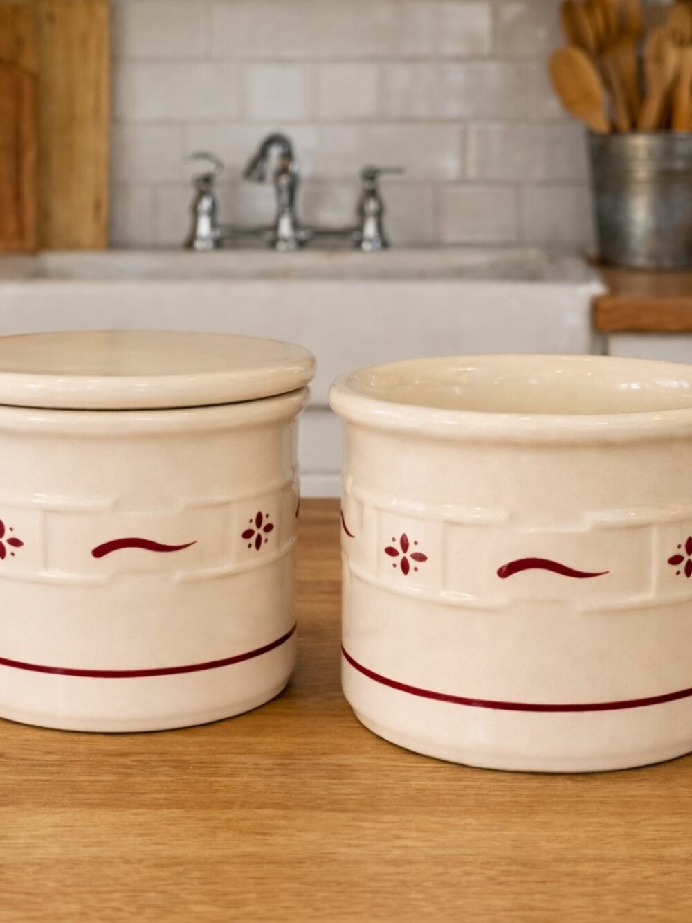Longaberger Woven Traditions Red Salt Crock - Set of 2